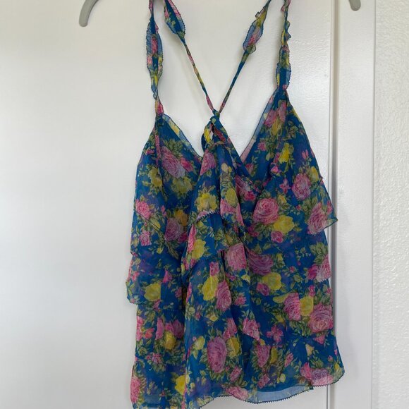 Abercrombie‎ & Fitch Sheer Floral Ruffle Tank Top, Front Buttons, Blue, Pink, S - Picture 2 of 6